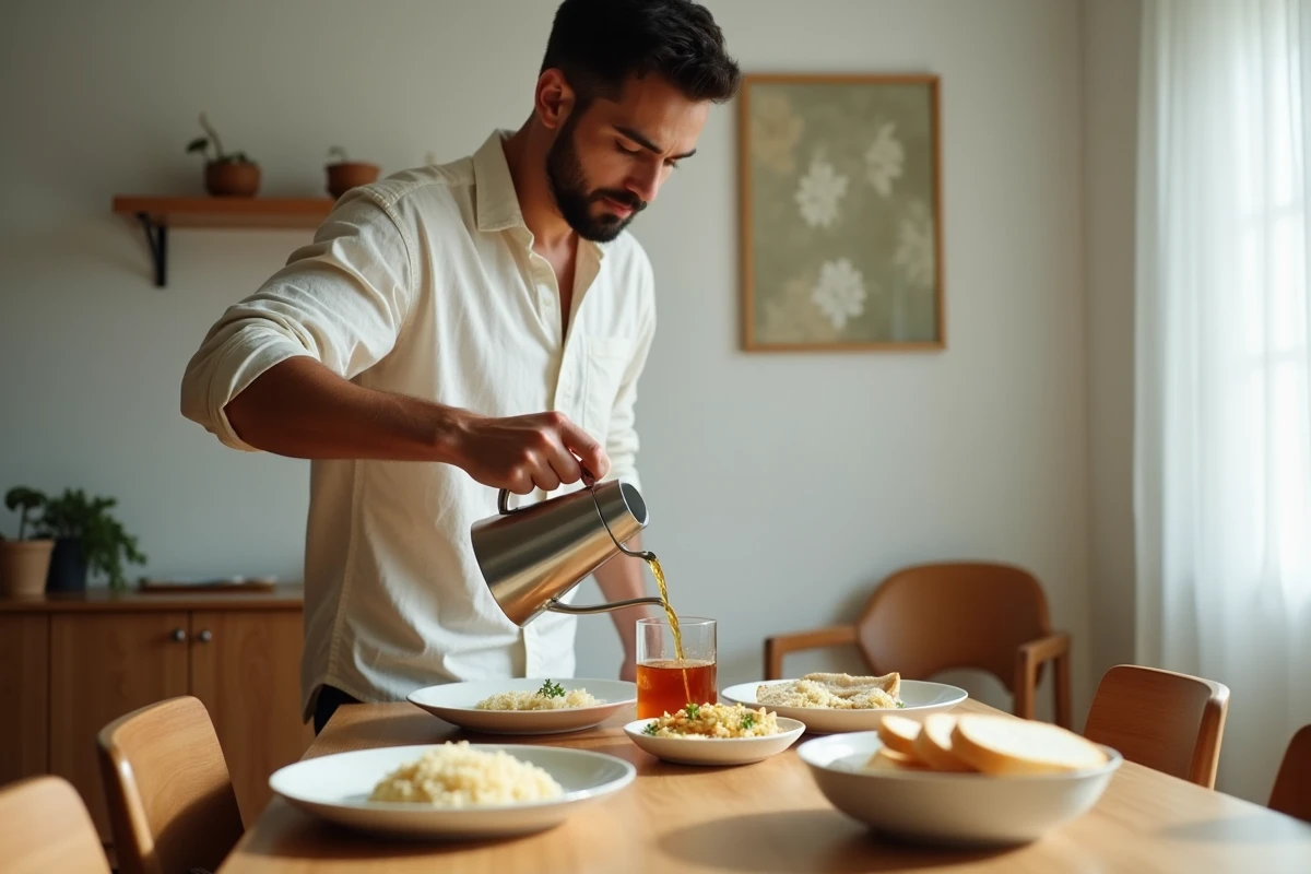 Jeune homme vegan verse du thé dans une assiette