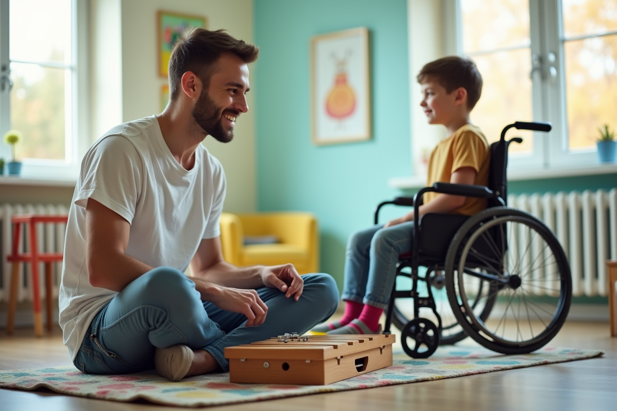 Jeune homme jouant du xylophone avec un enfant en fauteuil