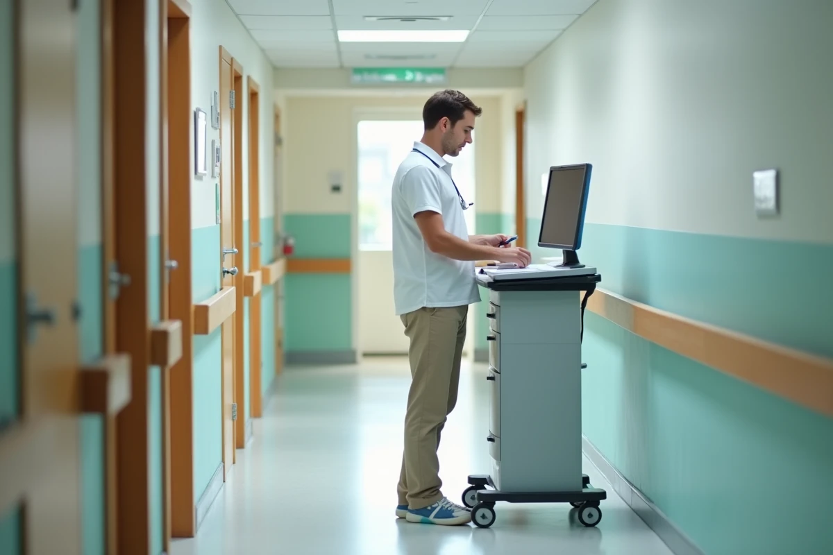 Jeune soignant vérifiant des dossiers électroniques dans un couloir