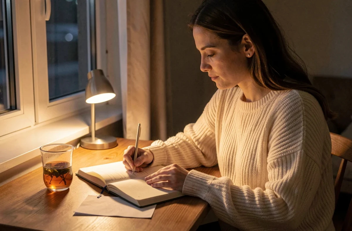 Femme écrivant dans un journal personnel la nuit pour identifier et exprimer ses ruminations émotionnelles liées à la pleine lune