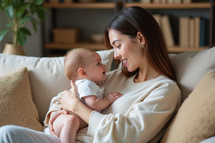 Maman et bébé sourient dans un salon chaleureux