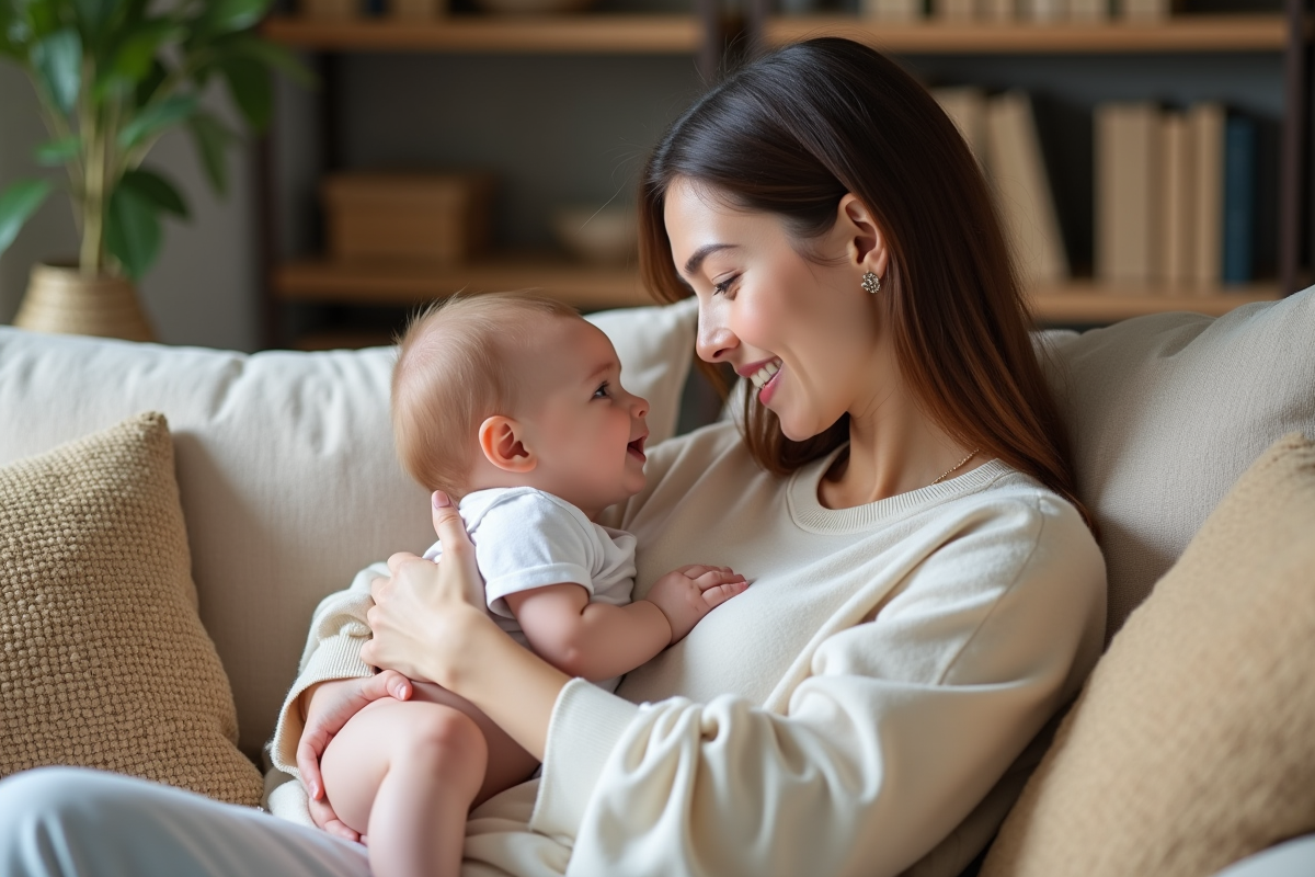 Maman et bébé sourient dans un salon chaleureux