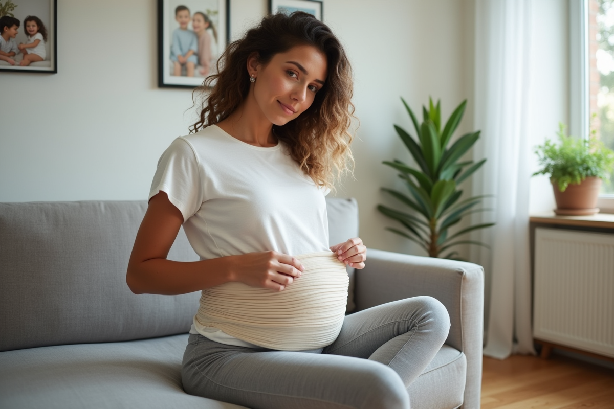 Jeune maman ajustant un wrap postpartum dans un salon lumineux