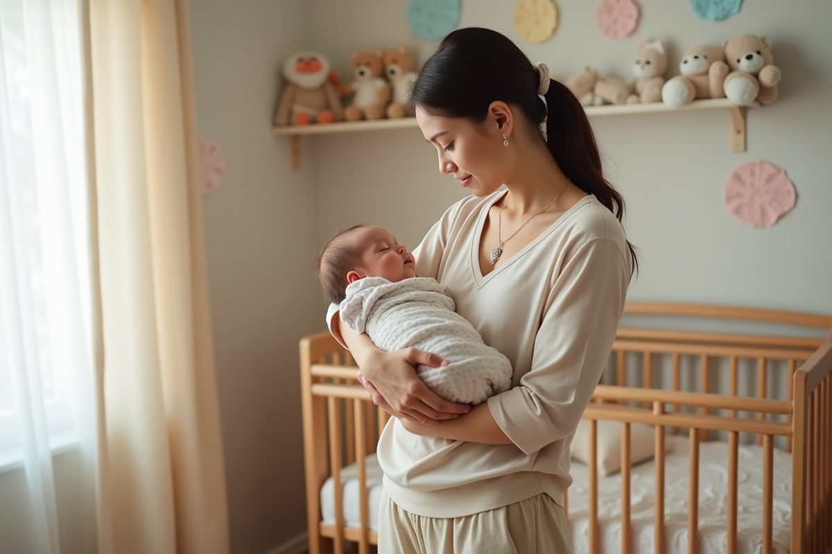 Maman berçant son bébé dans une nurserie douce et accueillante