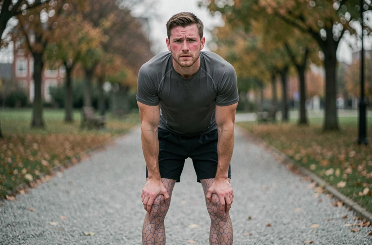 Coureur masculin en récupération dans un parc avec marbrures cutanées visibles sur les jambes après l'effort physique