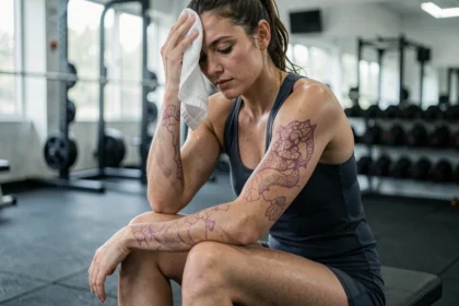 Femme après le sport avec des marbrures visibles sur la peau du bras et de la jambe, assise sur un banc de gym, expression fatiguée