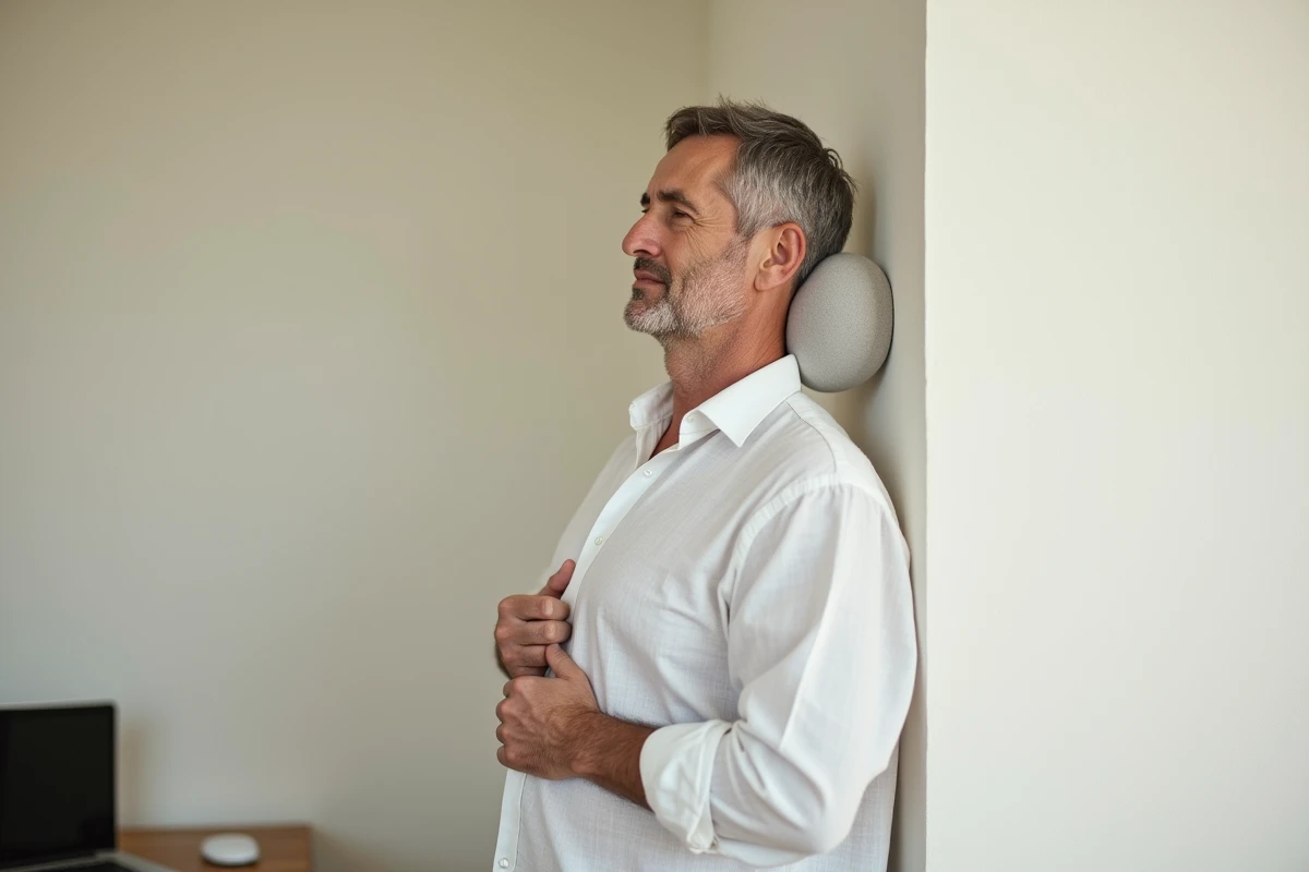 Homme utilisant une balle de massage contre un mur pour soulager le nerf coincé du trapèze pendant une pause au bureau