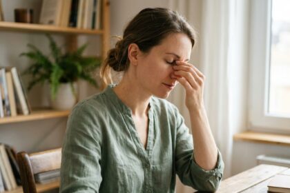 Femme pratiquant un massage oculaire naturel pour soulager la fatigue visuelle à son bureau à domicile