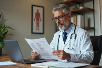 Médecin analysant des résultats d'analyses sanguines montrant des transaminases SGOT élevées dans un cabinet médical