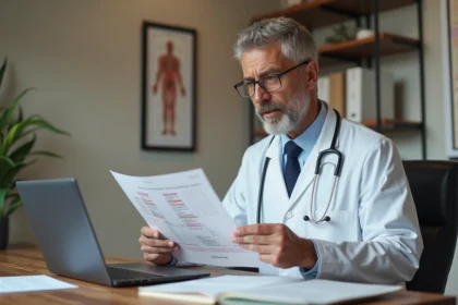 Médecin analysant des résultats d'analyses sanguines montrant des transaminases SGOT élevées dans un cabinet médical