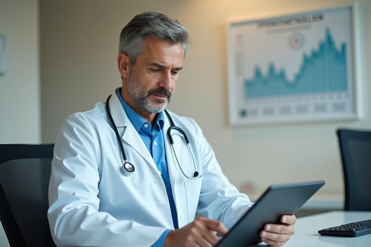 Médecin généraliste consultant des données de tension artérielle partagées depuis une montre connectée