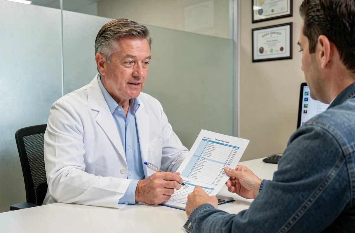 Médecin expliquant les résultats d'une prise de sang avec un taux de TCMH élevé à un patient lors d'une consultation