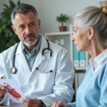 Medecin explique diagramme du coeur à une senior attentive