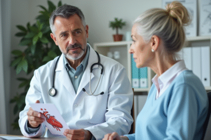 Medecin explique diagramme du coeur à une senior attentive