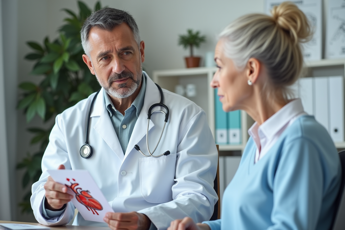 Medecin explique diagramme du coeur à une senior attentive