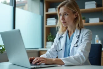 Médecin femme en blouse bleue travaillant sur son ordinateur