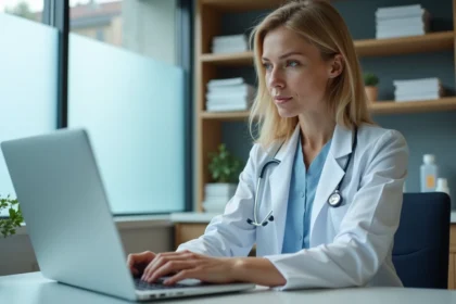 Médecin femme en blouse bleue travaillant sur son ordinateur