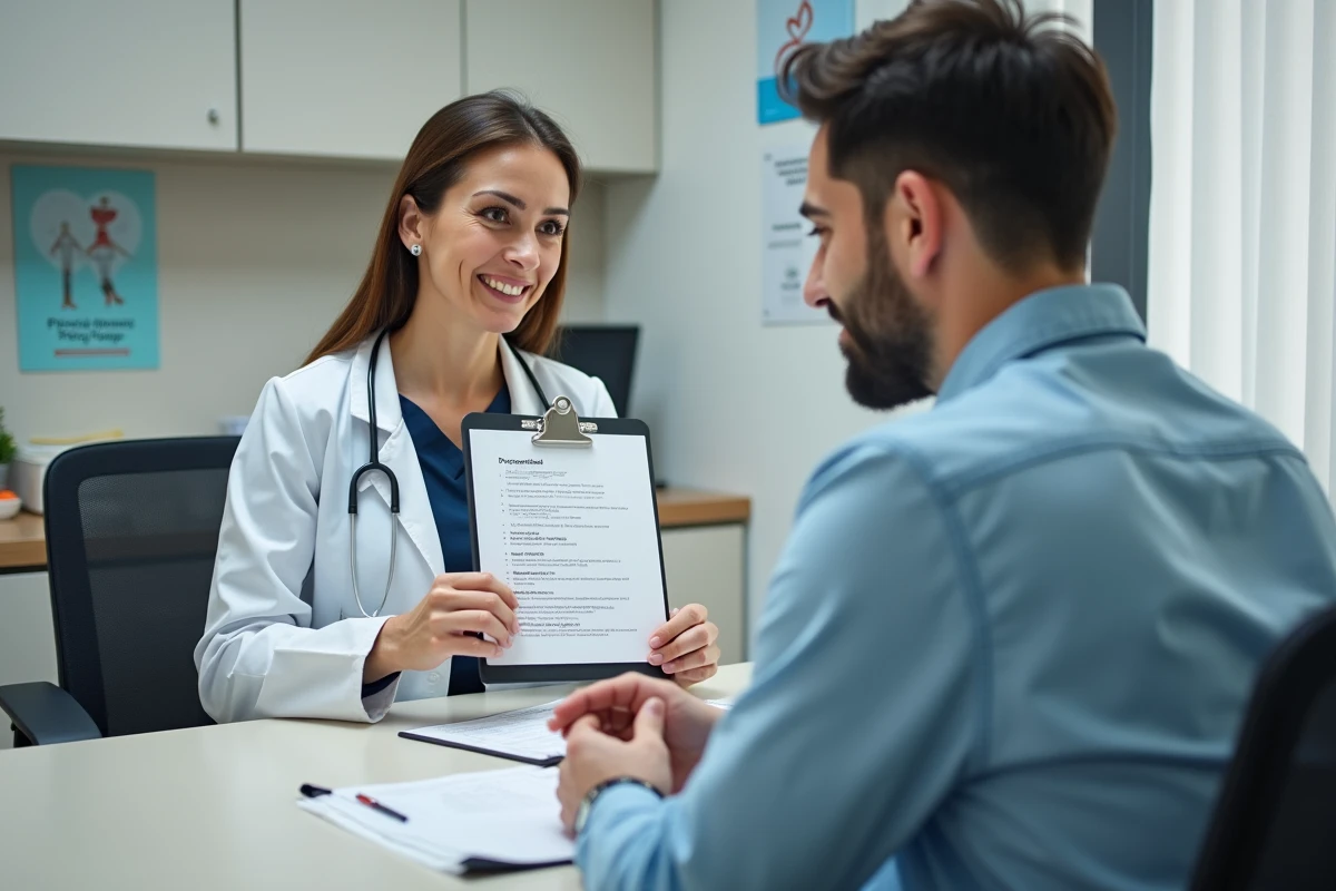 Medecin femme montre un dossier à un patient jeune