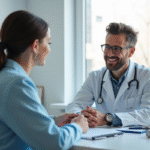 Medecin general praticien parlant avec un patient dans un cabinet lumineux