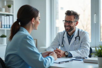 Medecin general praticien parlant avec un patient dans un cabinet lumineux