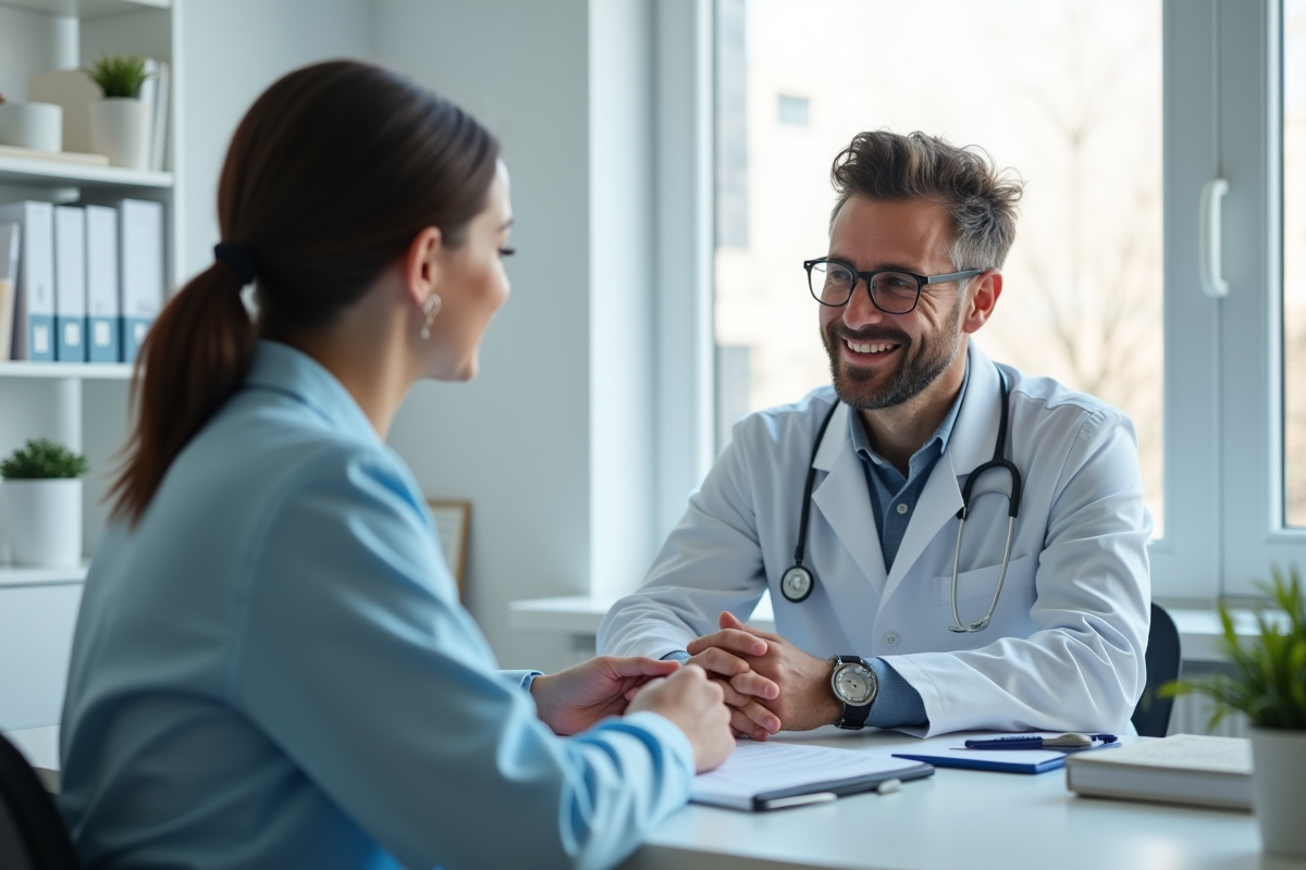 Medecin general praticien parlant avec un patient dans un cabinet lumineux