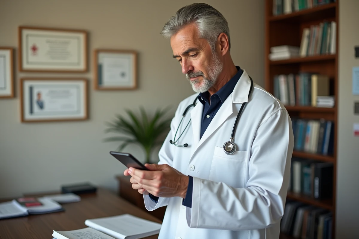 Médecin généraliste consultant une notification de rappel de rendez-vous sur son smartphone dans son cabinet