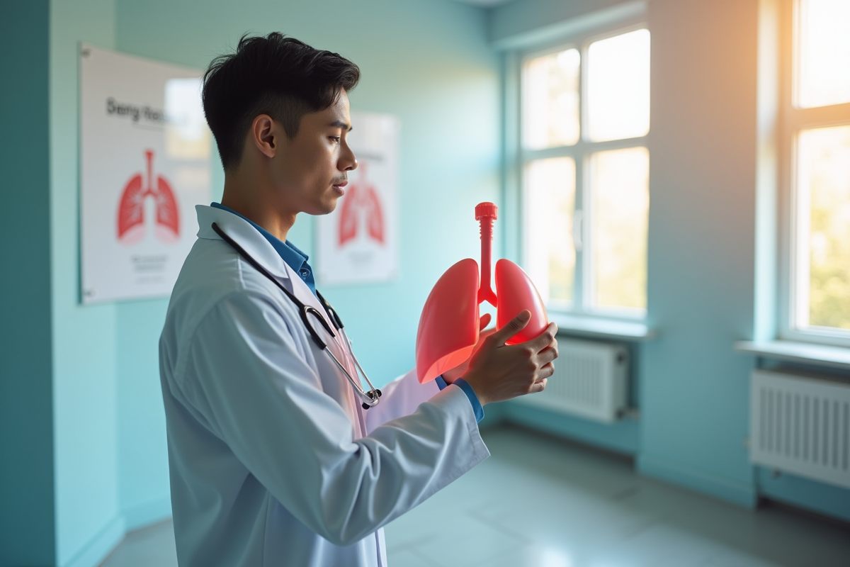 Médecin tenant un modèle de poumons dans une clinique lumineuse