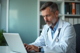 Médecin consultant une plateforme de données de santé numérique sur ordinateur portable dans un cabinet médical moderne