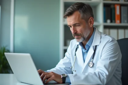 Médecin consultant une plateforme de données de santé numérique sur ordinateur portable dans un cabinet médical moderne