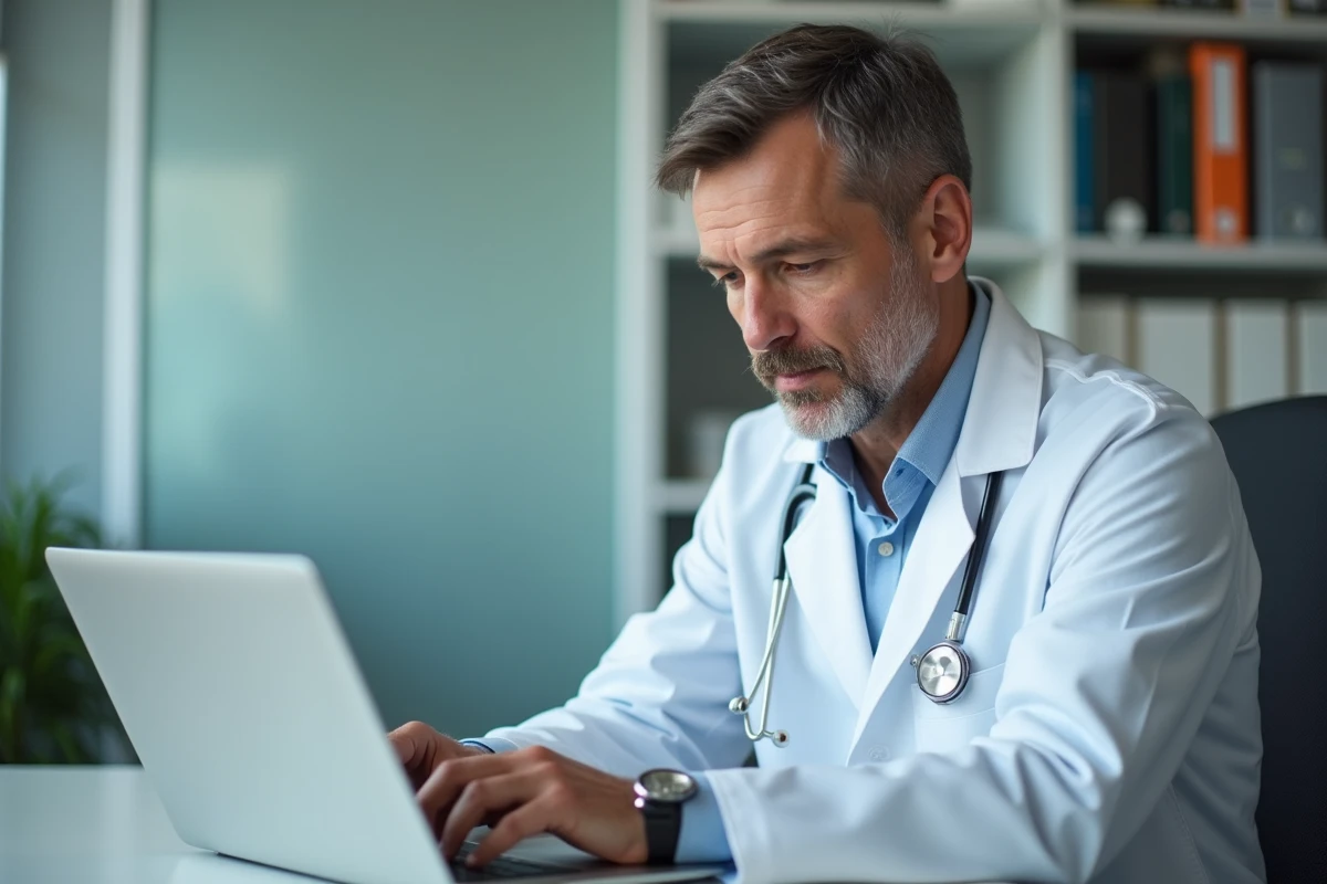 Médecin consultant une plateforme de données de santé numérique sur ordinateur portable dans un cabinet médical moderne