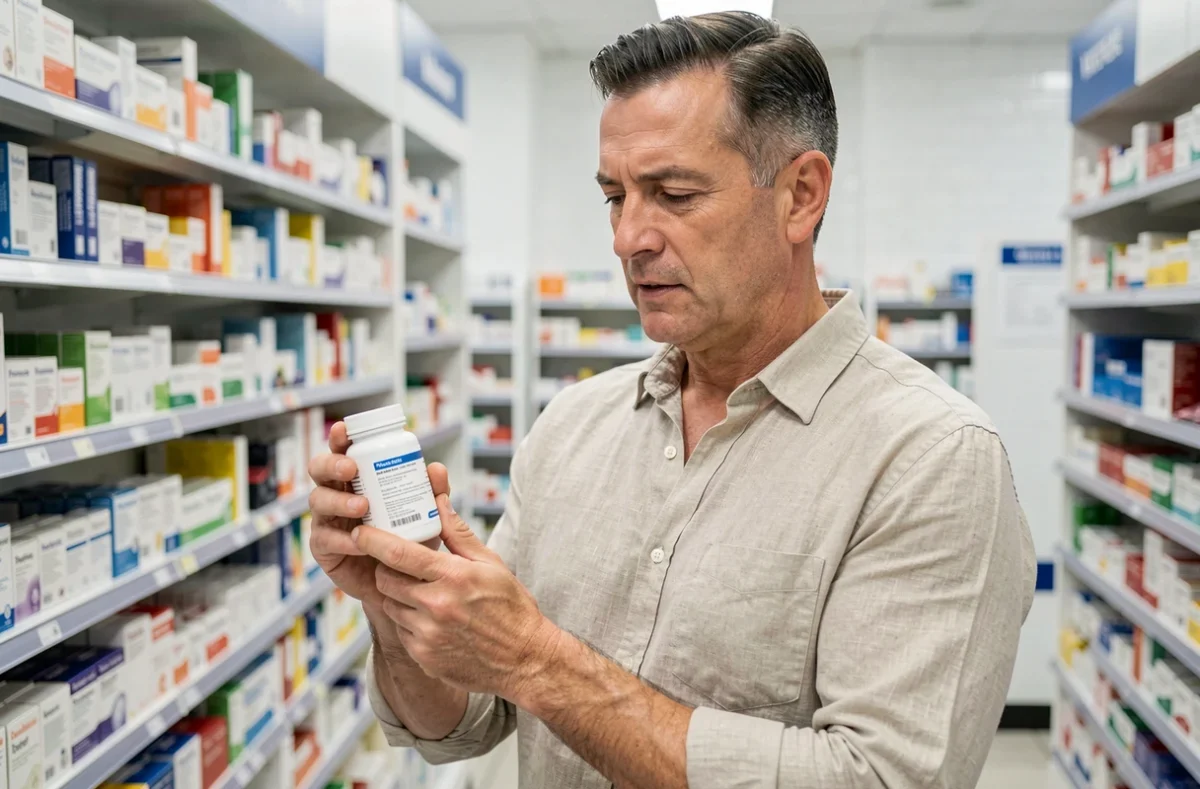 Homme non-buveur lisant l'étiquette d'un médicament pouvant affecter les enzymes hépatiques comme la GGT