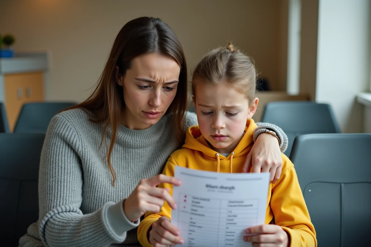 Mère et enfant consultant ensemble les résultats d'une prise de sang dans une salle d'attente médicale