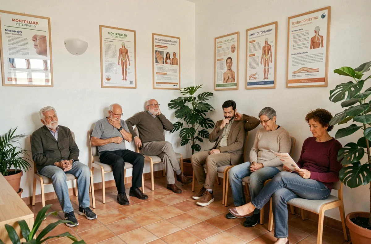 Patients en salle d'attente d'un cabinet d'ostéopathie à Montpellier présentant différents motifs de consultation courants