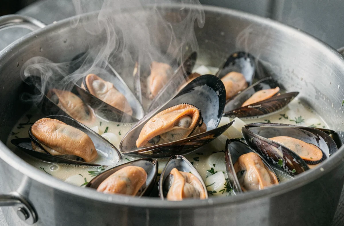 Moules cuites à la vapeur dans une casserole, mode de cuisson sécuritaire recommandé pour les femmes enceintes