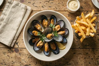 Assiette de moules frites avec mayonnaise maison dans une brasserie, repas à éviter pendant la grossesse