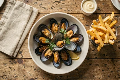 Assiette de moules frites avec mayonnaise maison dans une brasserie, repas à éviter pendant la grossesse