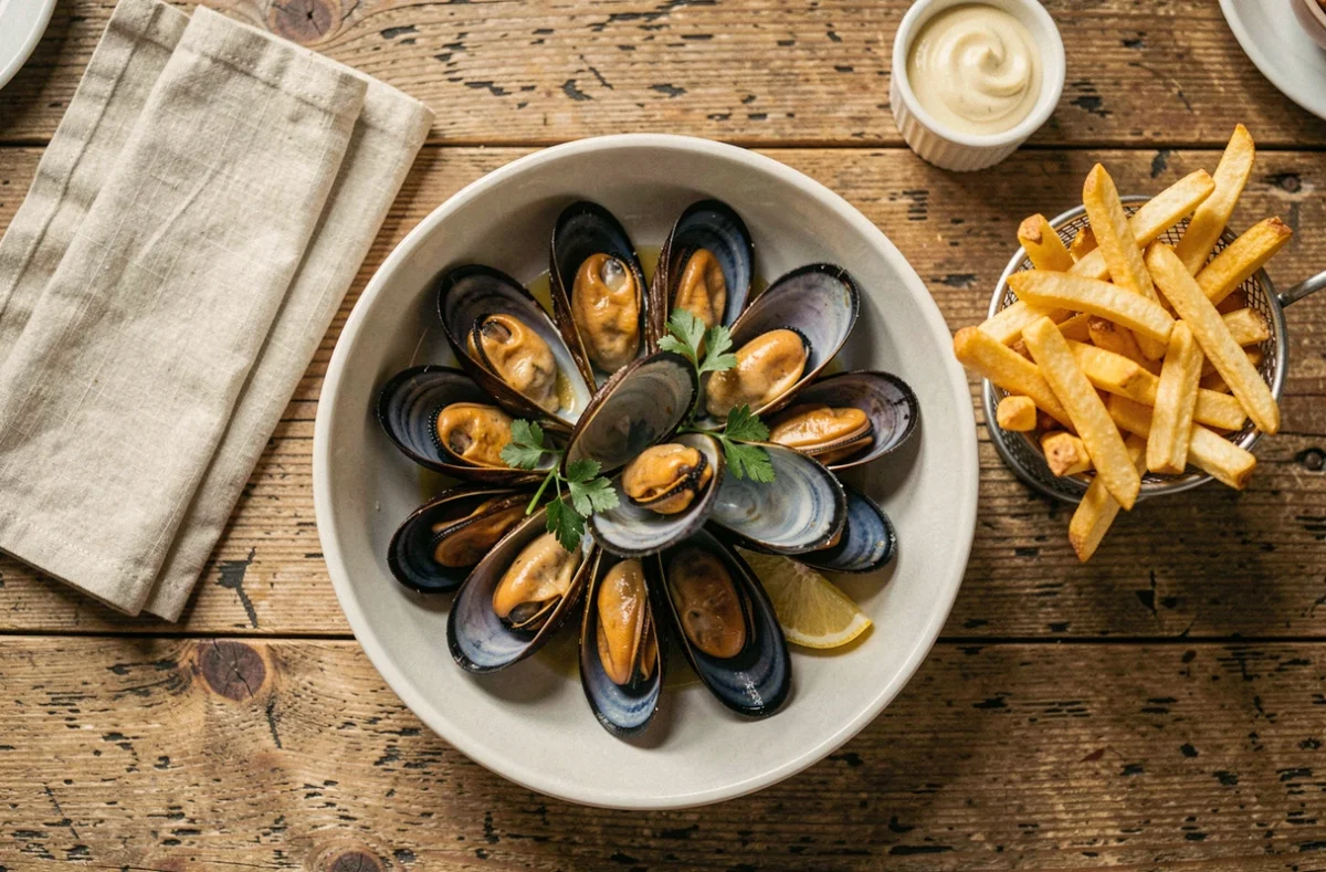 Assiette de moules frites avec mayonnaise maison dans une brasserie, repas à éviter pendant la grossesse