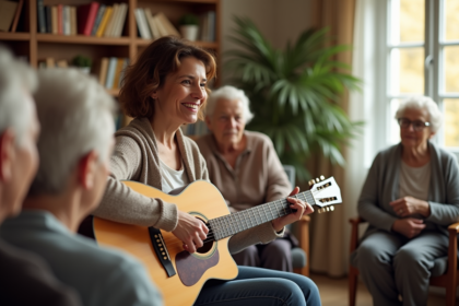 Femme musicotherapeute jouant de la guitare avec des seniors