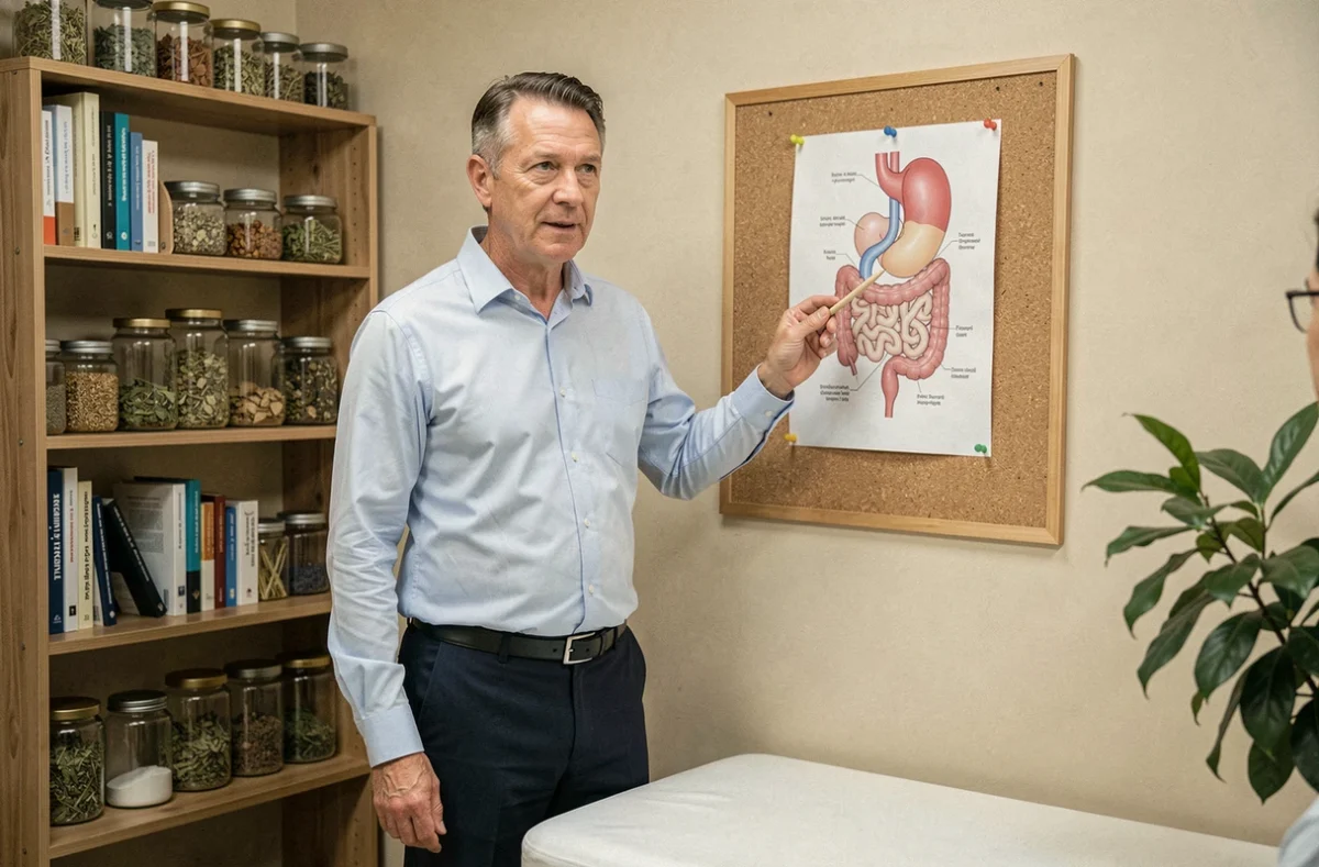 Naturopathe expliquant le lien entre les troubles digestifs hépatiques et la douleur du talon lors d'une consultation