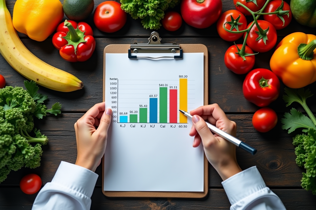Nutritionniste avec graphiques et fruits frais sur table sombre