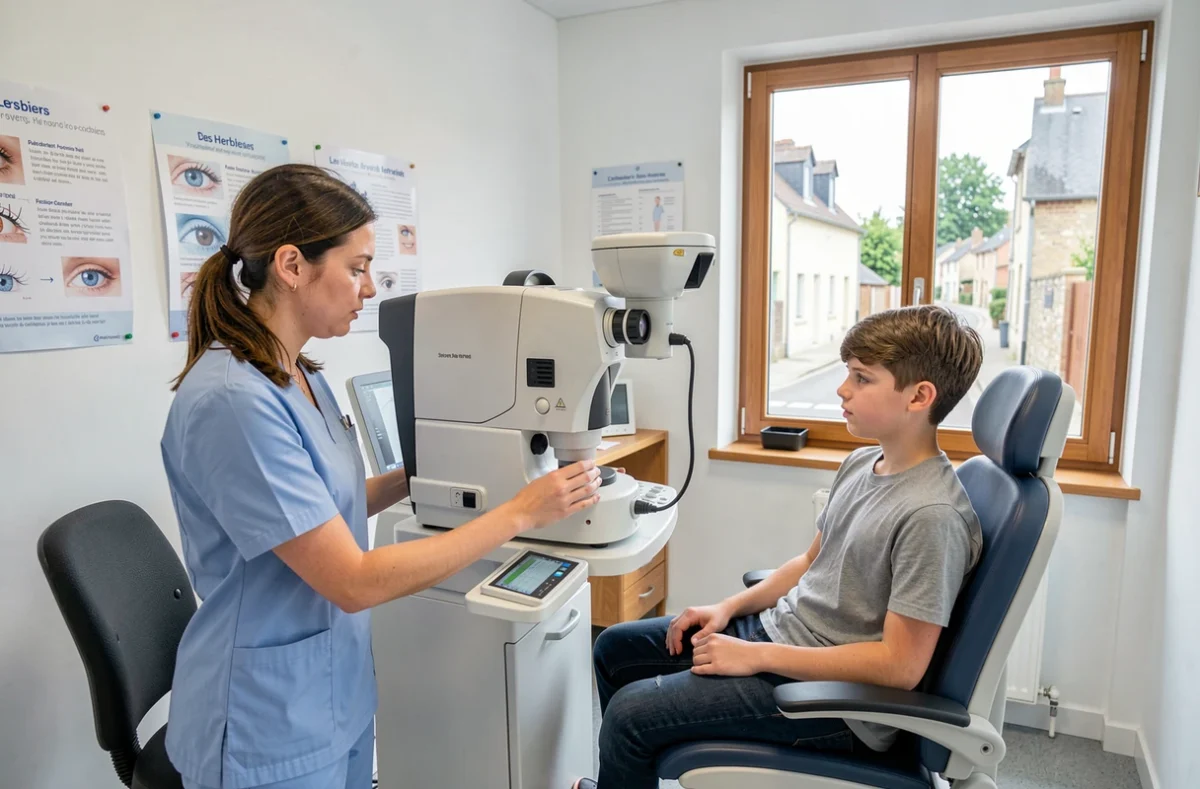 Technicienne ophtalmologique calibrant un autoréfractomètre au cabinet Ophtalliance des Herbiers avec un jeune patient