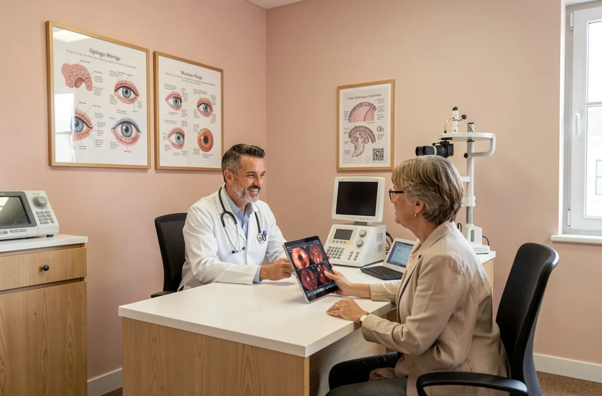 Consultation ophtalmologique chez Ophtalliance Montaigu avec un médecin et sa patiente devant un écran de résultats rétiniens