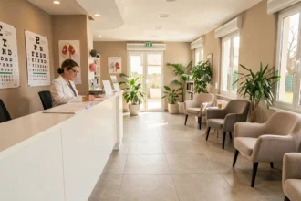 Salle d'attente moderne d'un cabinet ophtalmologique en Vendée avec une ophtalmologue en blouse blanche consultant des dossiers