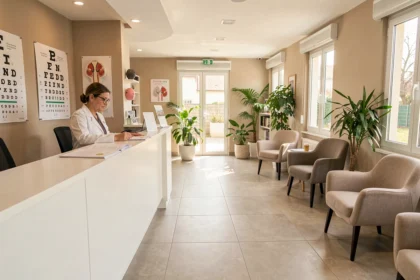 Salle d'attente moderne d'un cabinet ophtalmologique en Vendée avec une ophtalmologue en blouse blanche consultant des dossiers