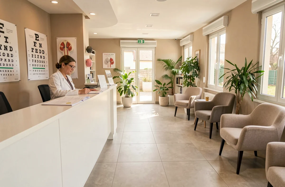 Salle d'attente moderne d'un cabinet ophtalmologique en Vendée avec une ophtalmologue en blouse blanche consultant des dossiers
