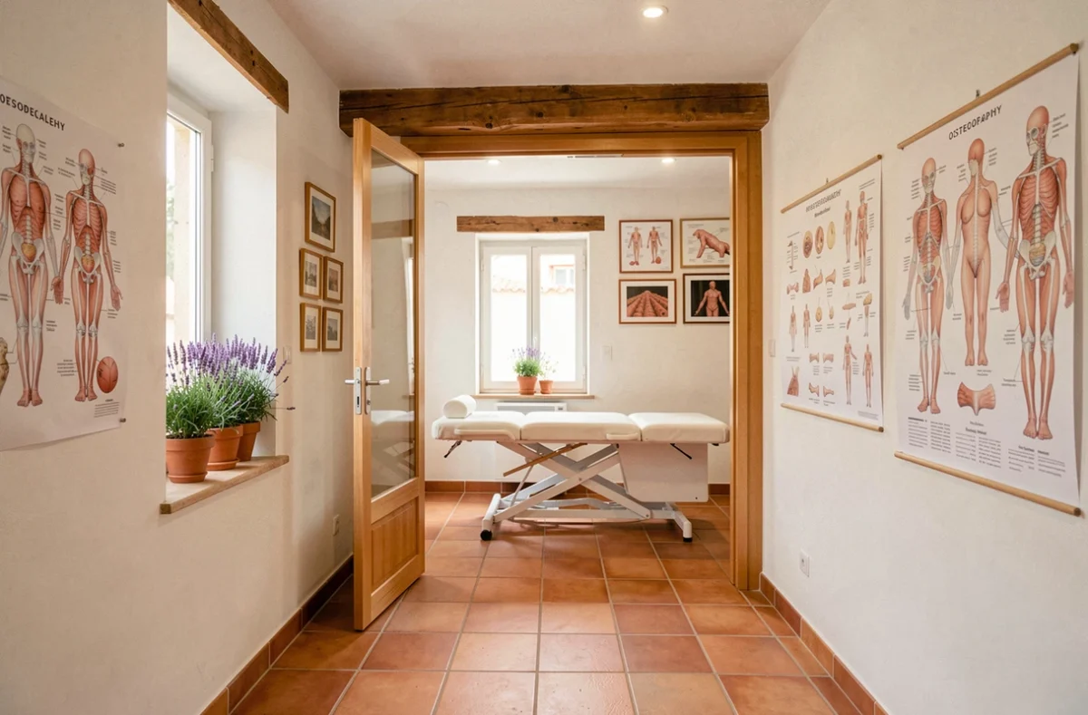 Cabinet d'ostéopathie moderne à Montpellier avec table de traitement et éléments architecturaux méditerranéens