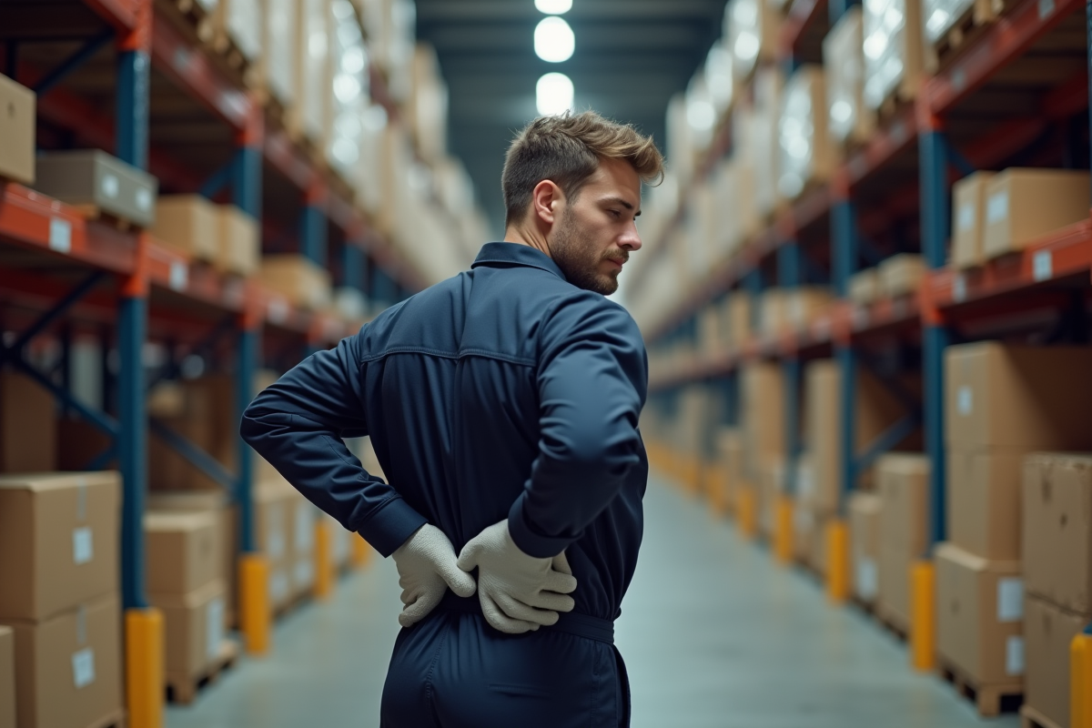Jeune ouvrier de warehouse se tenant le dos