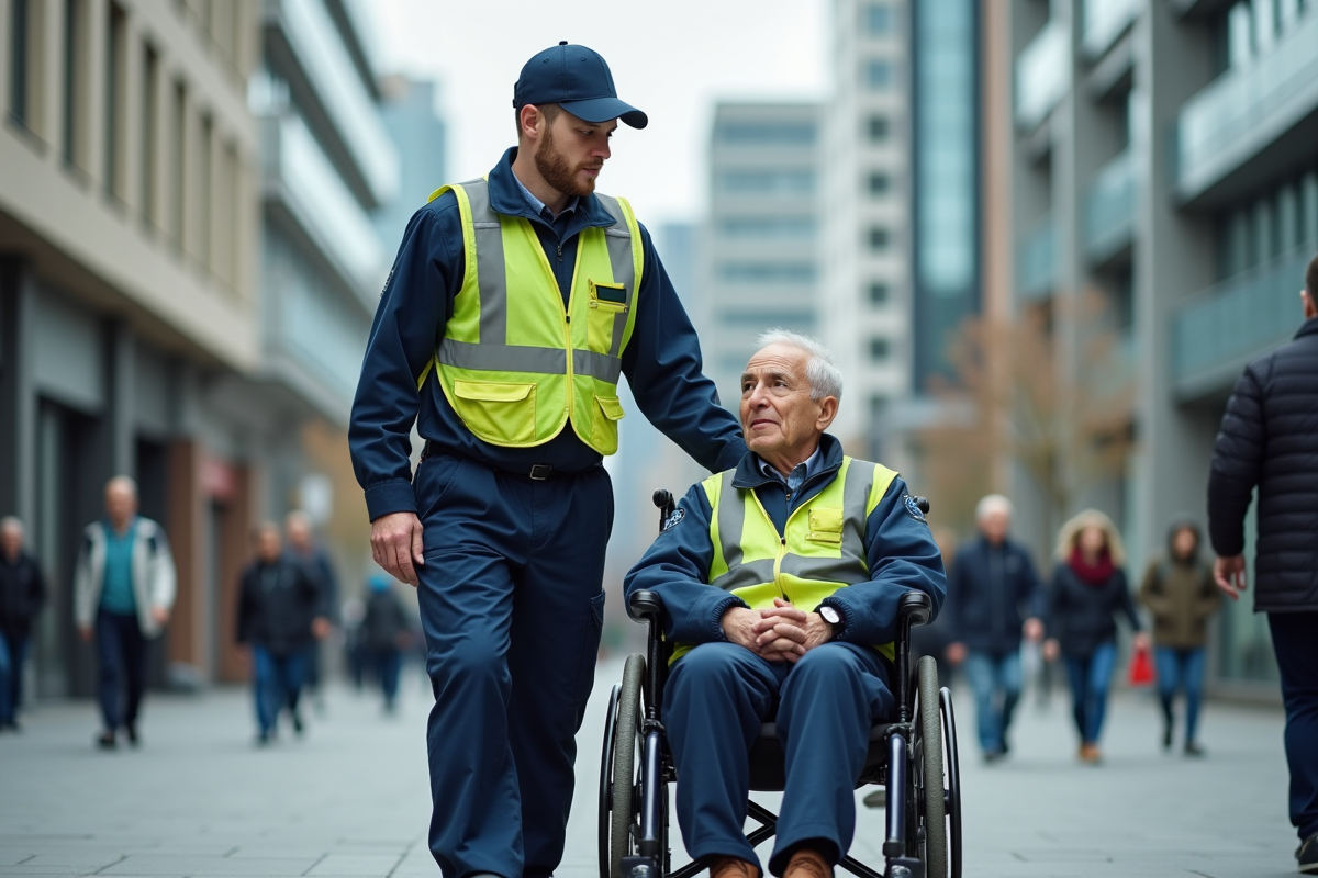 Jeune paramedic aidant un senior en fauteuil dehors