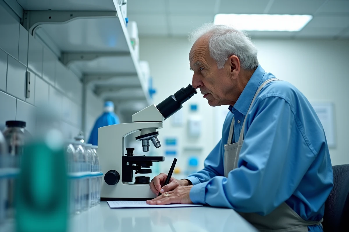 Pathologiste homme observant au microscope dans un laboratoire