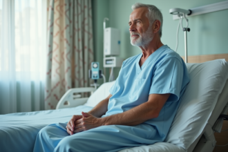 Homme d'âge moyen en gown hospitalier assis sur un lit